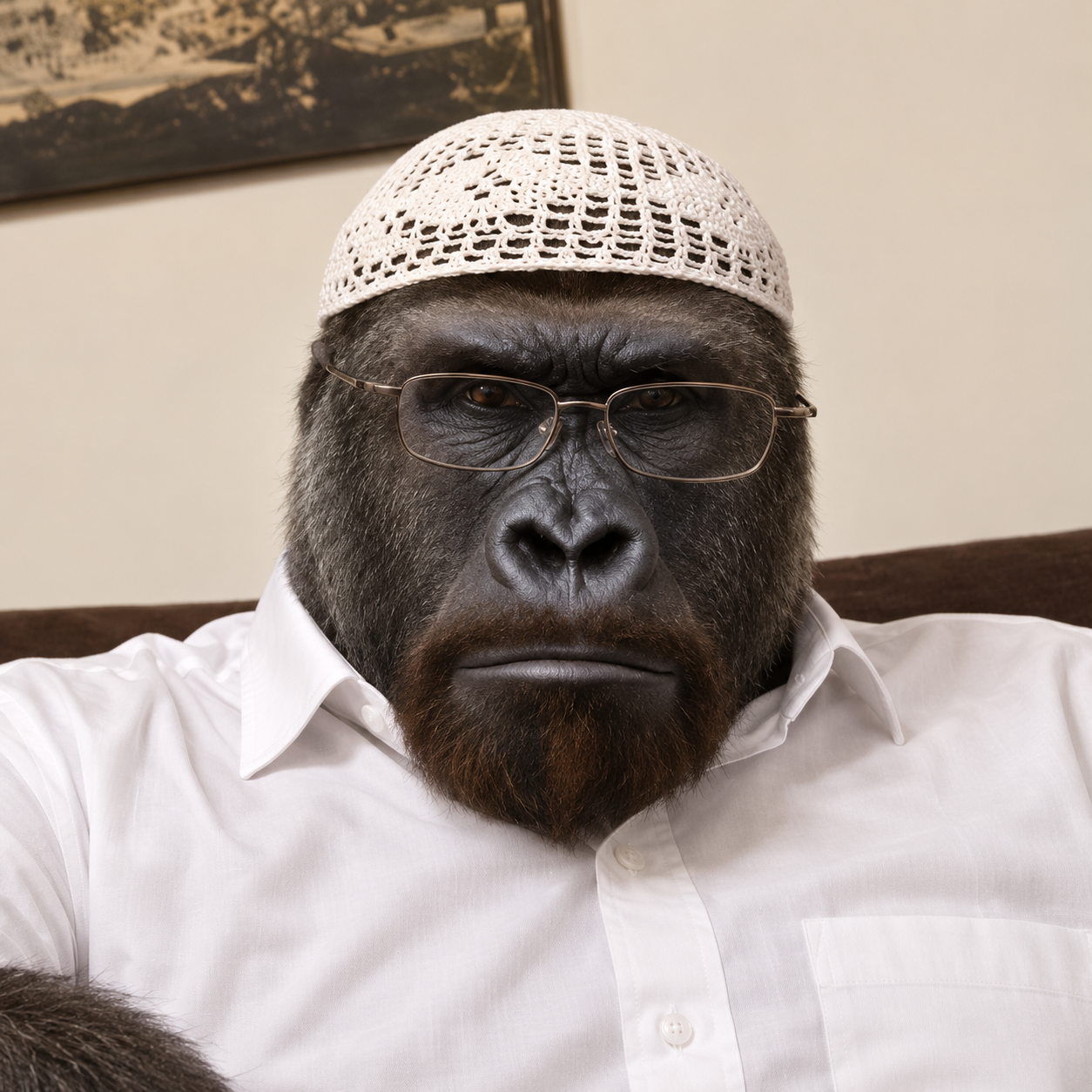 A stern gorilla wearing glasses, a white knitted cap and a white shirt, seated in a quiet room